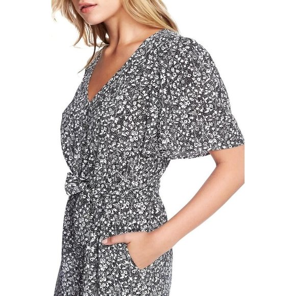 1.STATE Floral Flutter Sleeve Tie Waist Jumpsuit In Rich Black and White M - Picture 2 of 12